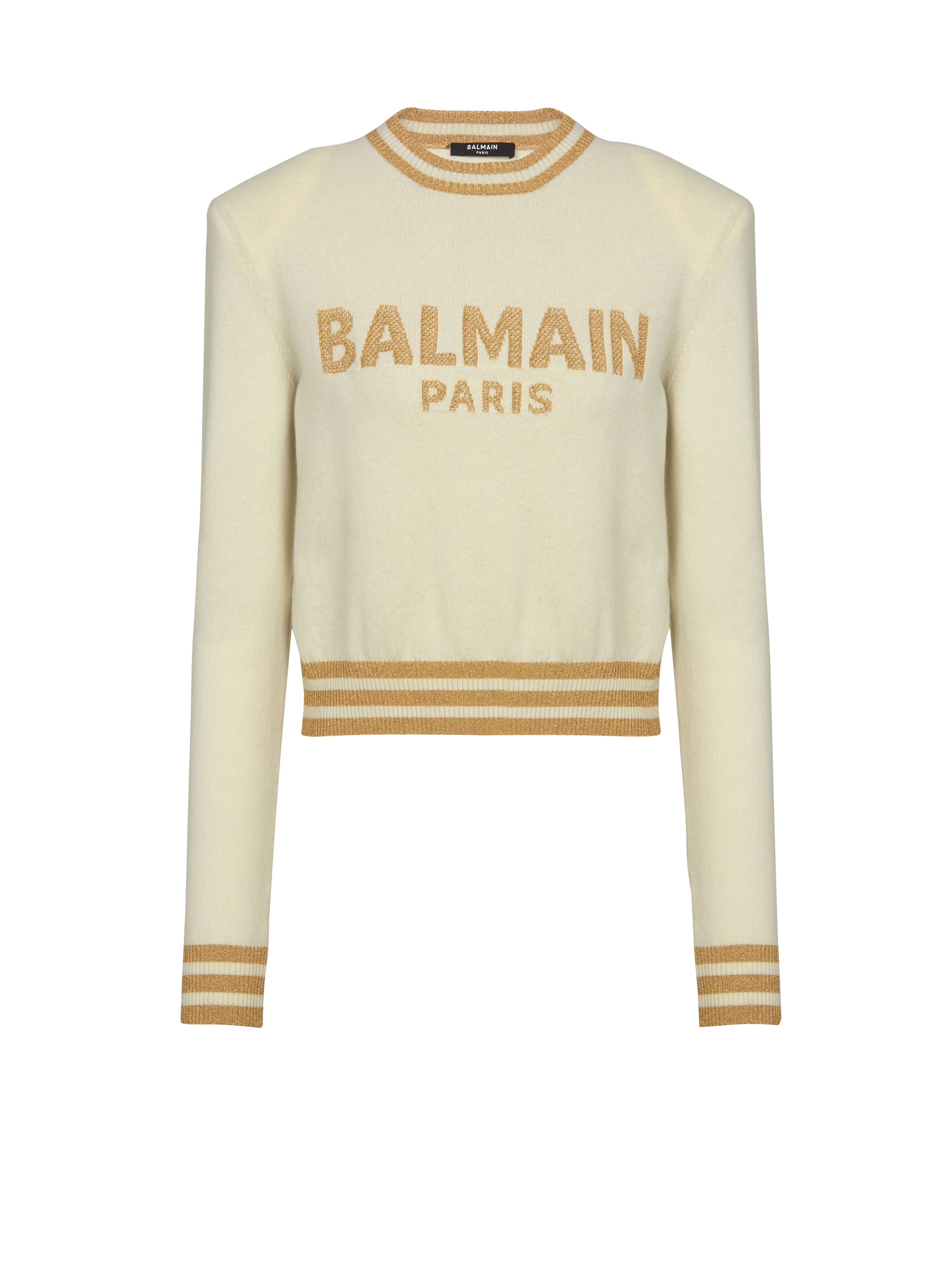 Cropped wool jumper with Balmain logo, yellow