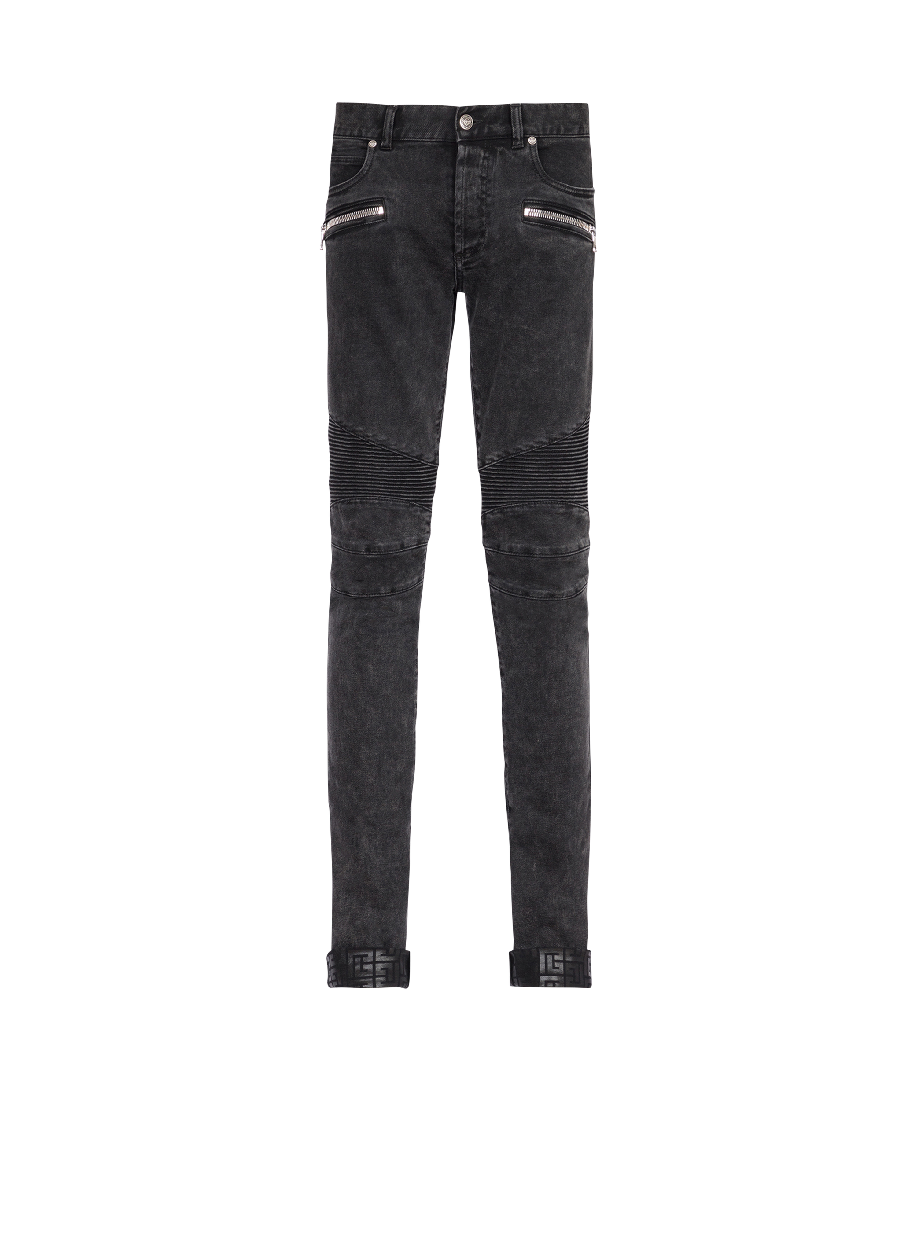 Slim cut ridged cotton jeans with Balmain monogram on hem, black