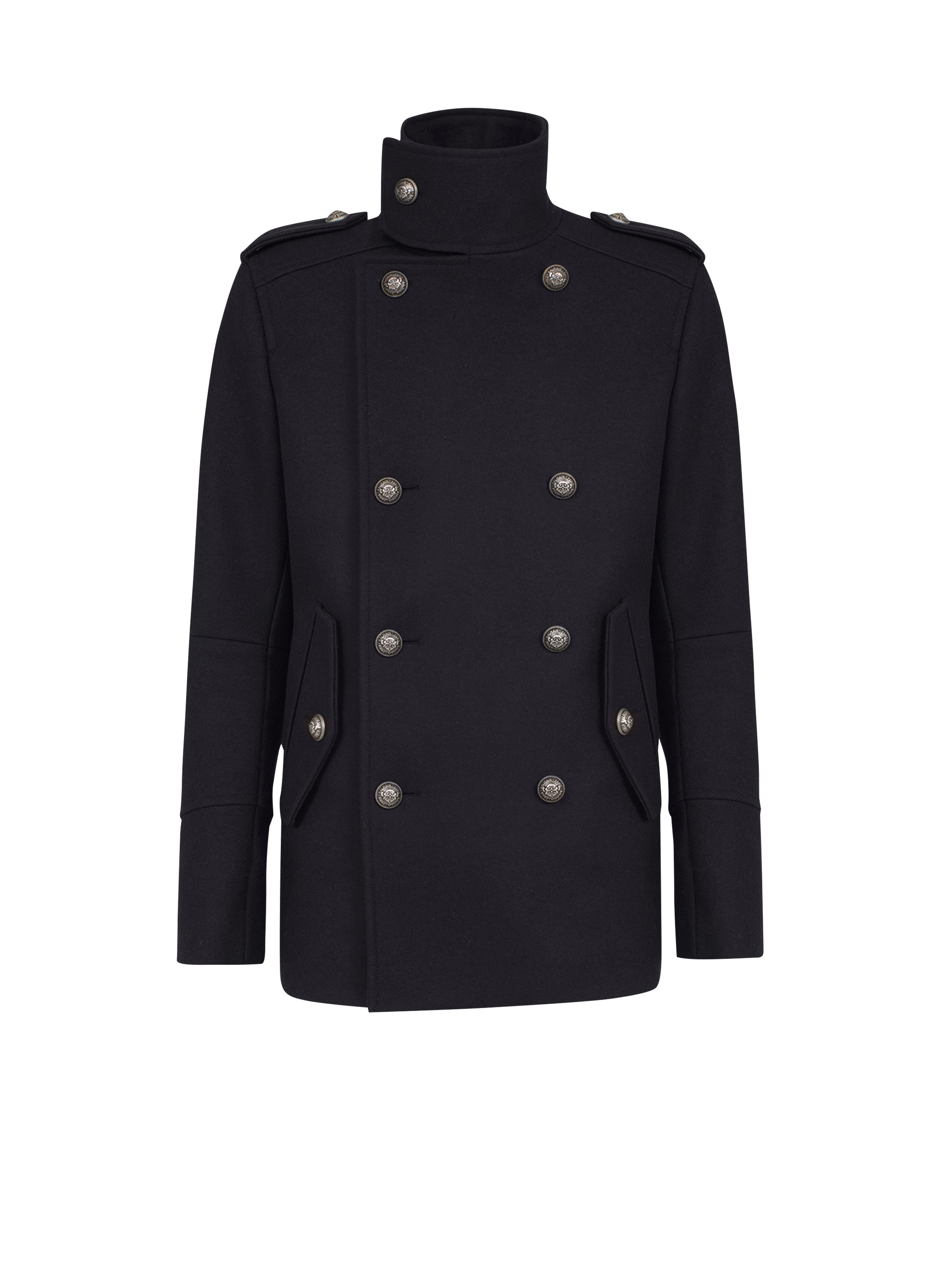 Wool military pea coat with double-breasted silver-tone buttoned fastening, black