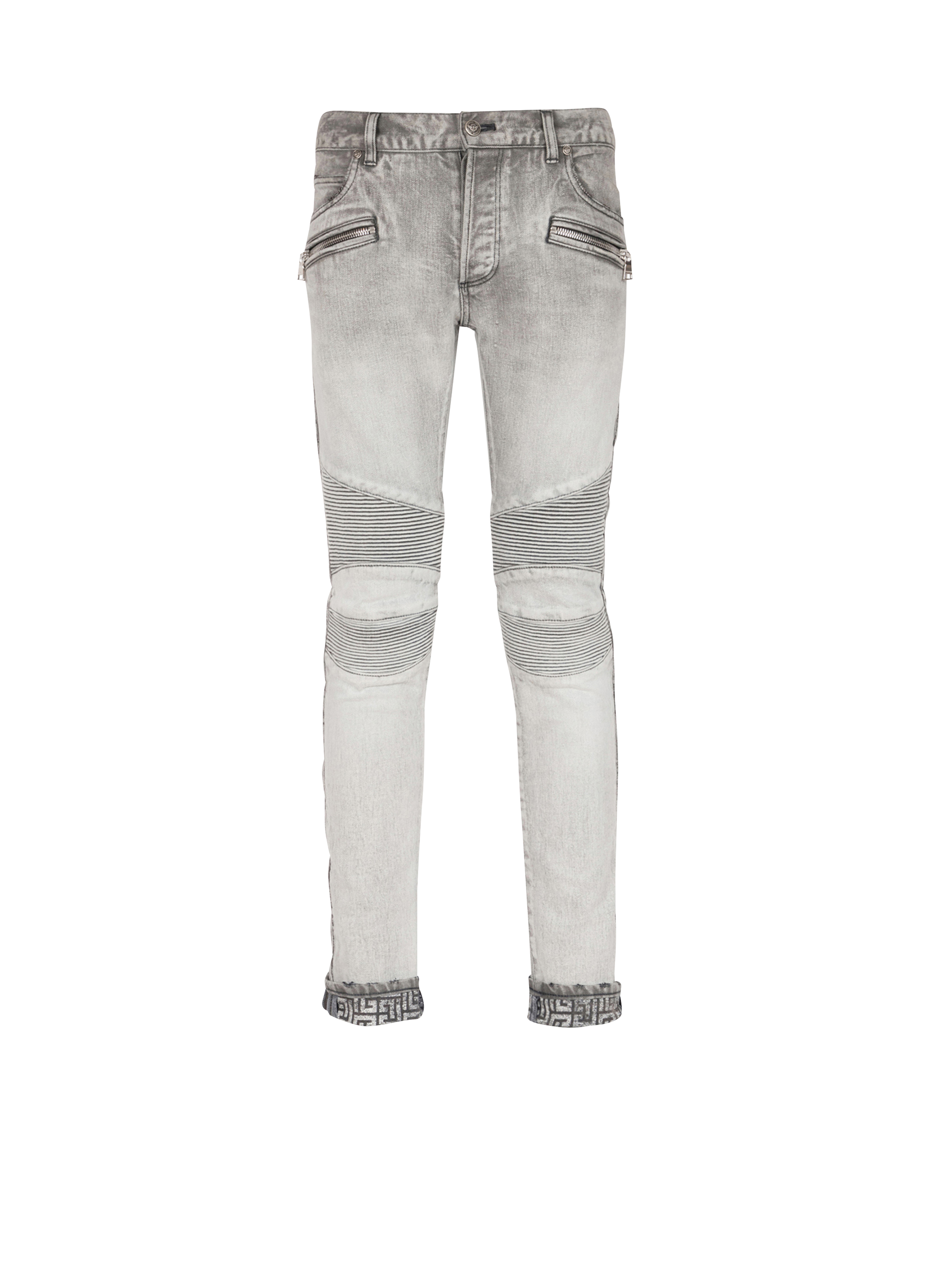 Slim cut faded and ridged light gray cotton jeans with Balmain monogram on hem, grey