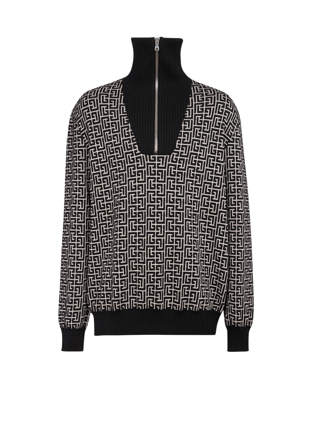 Balmain monogram wool turtleneck sweater, black, hi-res
