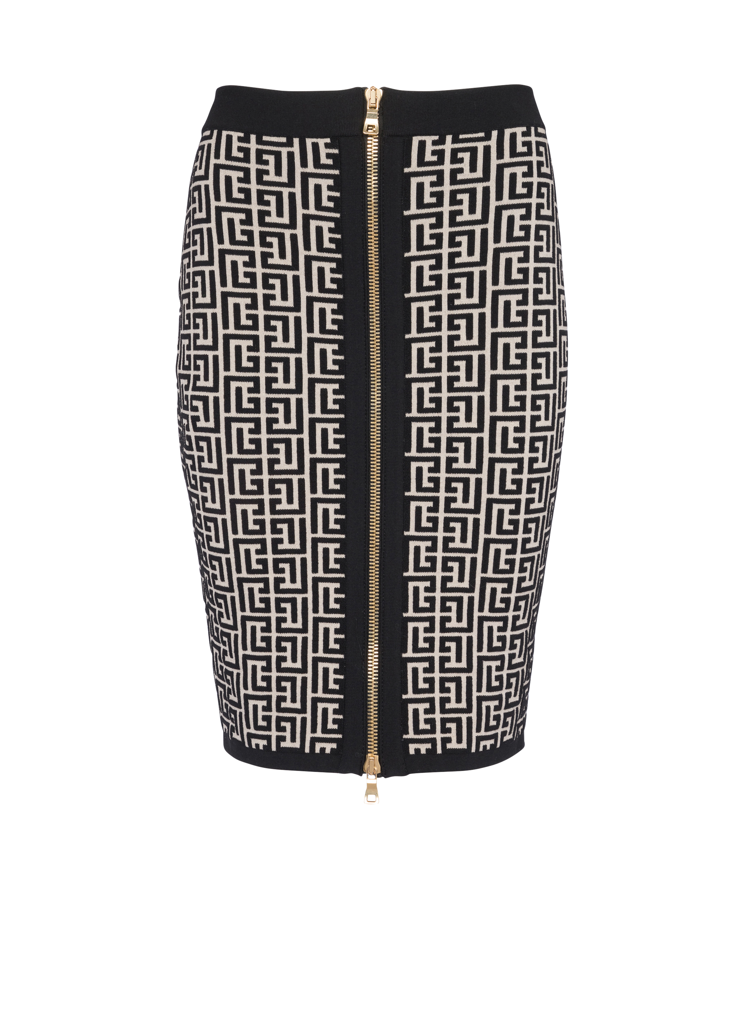 Mid-length knit skirt with Balmain monogram, black