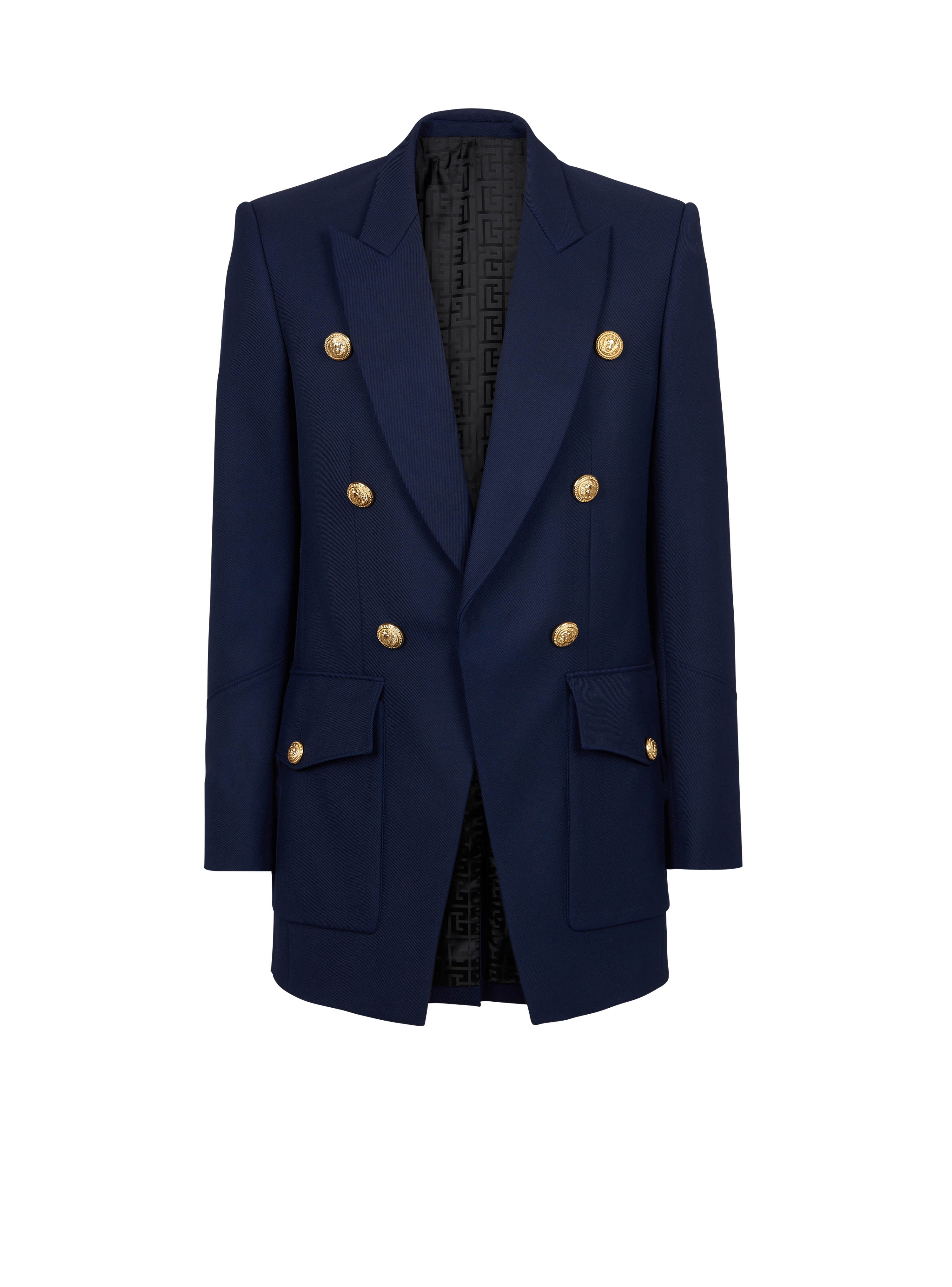 Six-button twill blazer with monogram lining, navy